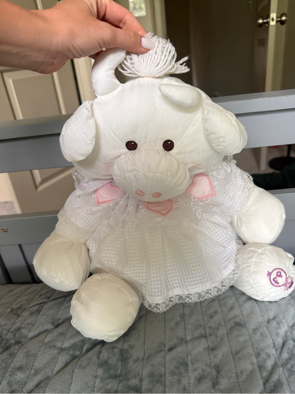 Vintage 1986 Fisher-Price Puffalump Cow Plush White Pink Dress Hearts 8001